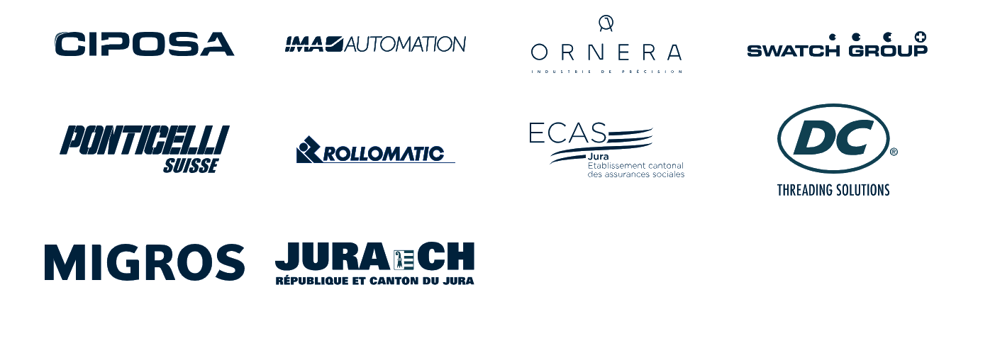CIPOSA, IMA Automation, Ornera, Swatch Group, Ponticelli Suisse, Rollomatic, ECAS Jura, DC Threading Solutions, Migros, République et Canton du Jura